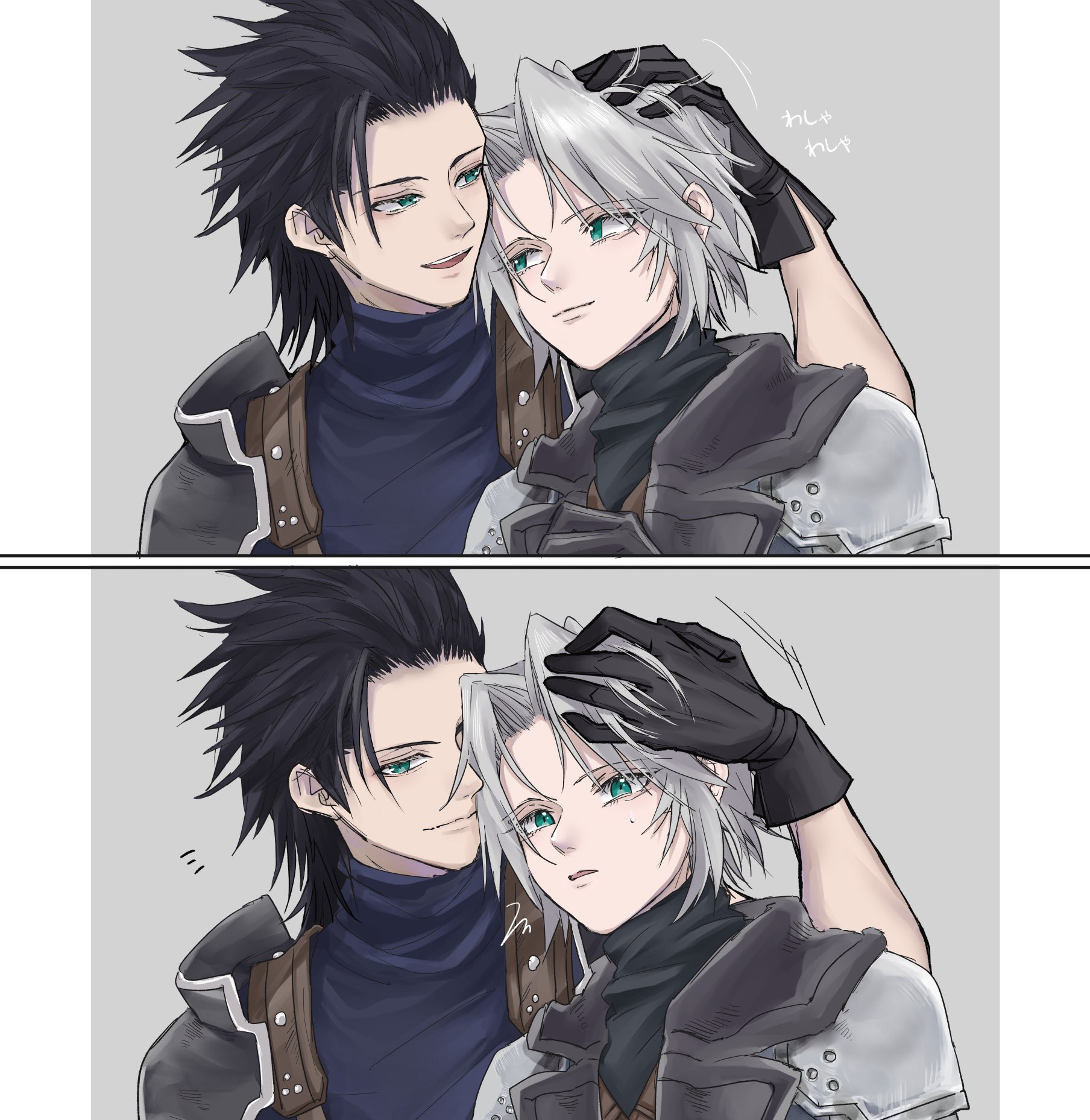sephiroth, sephiroth (ever crisis), zack fair, final fantasy, final fantasy vii, final fantasy vii ever crisis, highres, 2boys, 7 kiy u, aqua eyes, armor, black hair, black jacket, black shirt, blue shirt, border, chest strap, grey background, grey hair, hand in another's hair, jacket, looking at another, male focus, multiple boys, open mouth, parted bangs, parted lips, pauldrons, shirt, short hair, shoulder armor, sleeveless, sleeveless turtleneck, smile, suspenders, sweatdrop, turtleneck, white border, yaoi