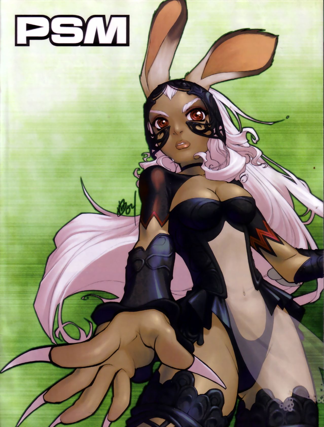 bara-chan, barachan, fran (ff12), final fantasy, final fantasy xii, highres, 00s, 1girl, animal ears, breasts, cleavage, dark-skinned female, dark skin, female focus, long hair, mask, midriff, nail polish, pink hair, pink nails, rabbit ears, revealing clothes, solo, thighhighs, very long hair, viera
