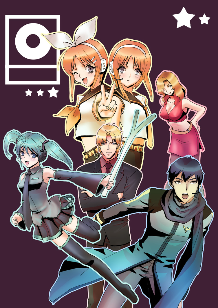 izumi rion, char aznable, elpeo puru, gyunei guss, hatsune miku, kagamine len, kagamine rin, kaito (vocaloid), meiko (vocaloid), nanai miguel, puru two, quess paraya, char's counterattack, gundam, gundam zz, vocaloid, 2boys, 4girls, blonde hair, blue eyes, blue hair, breasts, cleavage, clone, cosplay, formal clothes, green hair, hatsune miku (cosplay), headset, kagamine len (cosplay), kagamine rin (cosplay), kaito (cosplay), meiko (cosplay), midriff, miniskirt, multiple boys, multiple girls, necktie, one eye closed, orange hair, parody, purple eyes, scarf, short hair, siblings, sisters, skirt, suit, thighhighs, twins, twintails, v, wink, zettai ryouiki