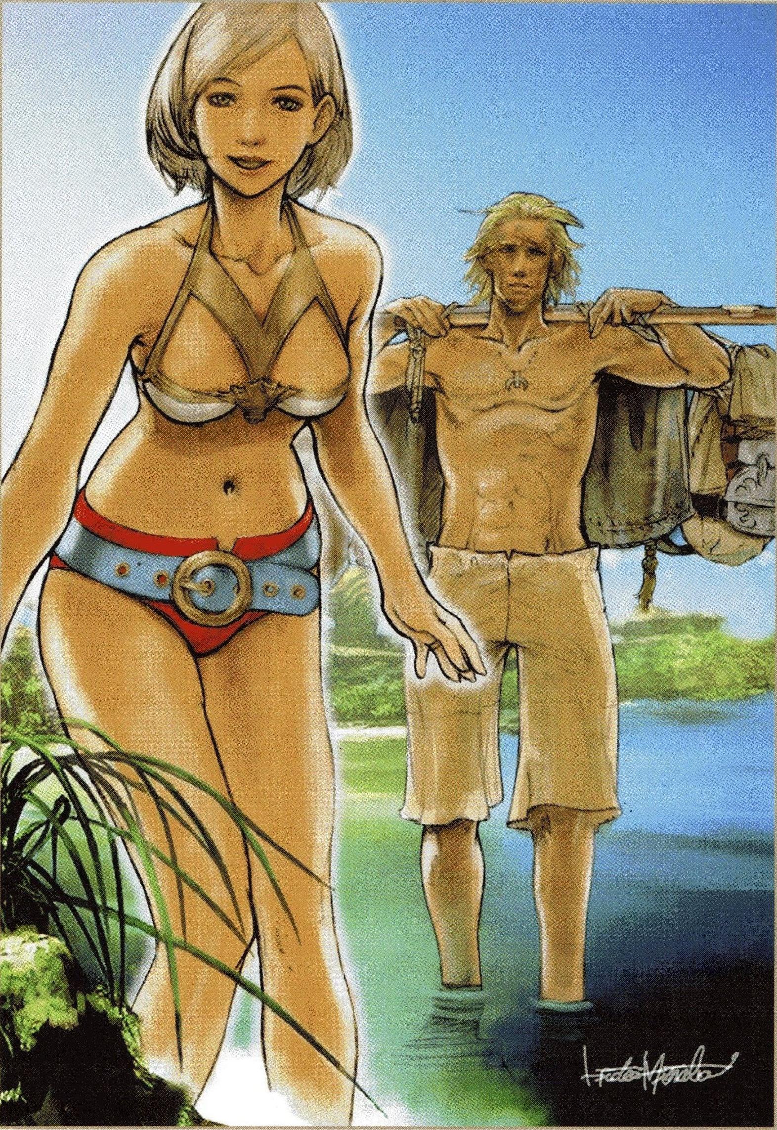 minaba hideo, ashelia b'nargin dalmasca, basch fon ronsenburg, final fantasy, final fantasy xii, highres, official art, scan, 00s, 1boy, 1girl, belt, grey hair, midriff, navel, short hair, signature, wading, water