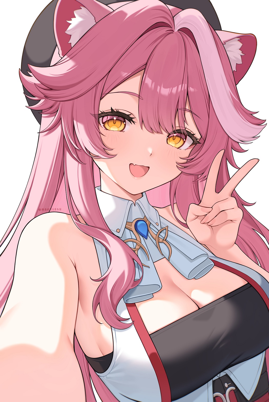 shizukodesu, raora panthera, hololive, hololive english, highres, 1girl, animal ear fluff, animal ears, ascot, beret, black tube top, blue gemstone, breasts, cleavage, collared shirt, double-parted bangs, eyeshadow, fang, gem, hair between eyes, hair intakes, hat, large breasts, long hair, looking at viewer, makeup, multicolored hair, open mouth, panther ears, panther girl, pink eyeshadow, pink hair, selfie, shirt, skin fang, smile, solo, strapless, streaked hair, tube top, underbust, v, vest, virtual youtuber, white ascot, white background, white streaks, white vest, yellow eyes