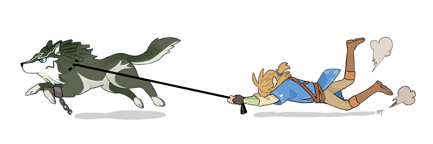 seza game, link, wolf link, nintendo, the legend of zelda, the legend of zelda: breath of the wild, the legend of zelda: twilight princess, commentary request, 1boy, animal earrings, belt, blonde hair, blue eyes, blue tunic, boots, broken, broken chain, brown belt, brown boots, brown pants, chain, champion's tunic (zelda), dragging, fingerless gloves, full body, gloves, hair tie, holding, holding leash, leash, low ponytail, male focus, pants, pointy ears, ponytail, running, tunic, white background