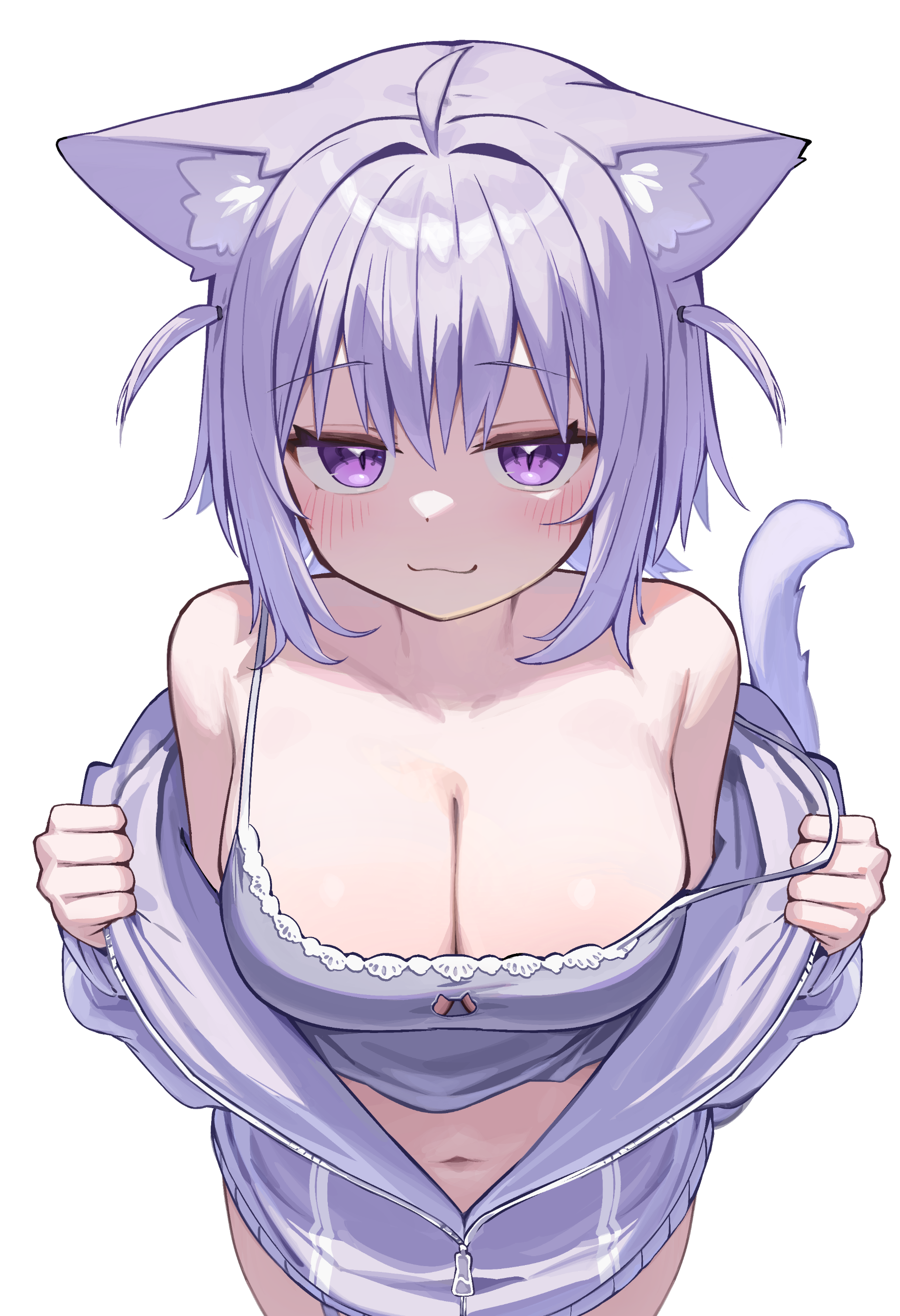 deaver, nekomata okayu, nekomata okayu (membership), hololive, absurdres, highres, 1girl, :3, ahoge, animal ear fluff, animal ears, breasts, camisole, cat cutout, cat ears, cat girl, cat tail, cleavage, closed mouth, clothing cutout, double-parted bangs, grey camisole, hair between eyes, jacket, large breasts, looking at viewer, official alternate costume, partially unzipped, purple eyes, purple hair, purple jacket, short hair, smile, solo, strap slip, tail, two side up, virtual youtuber