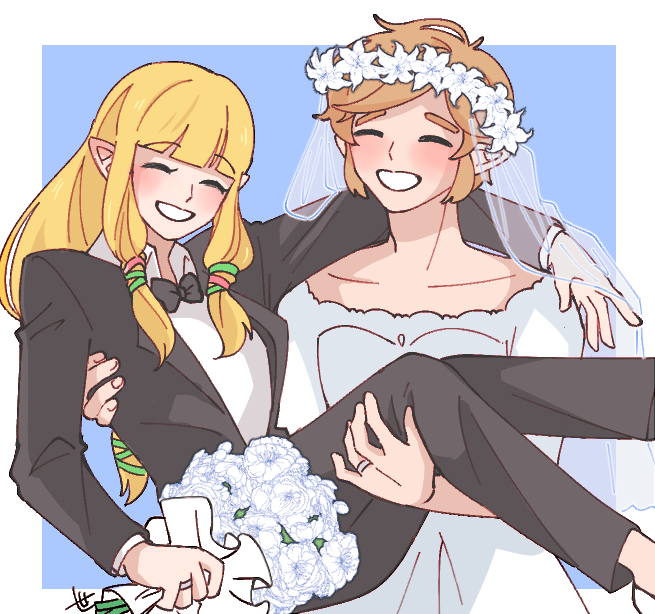 seza game, link, princess zelda, nintendo, the legend of zelda, the legend of zelda: skyward sword, commentary, commentary request, english commentary, korean commentary, mixed-language commentary, 1boy, 1girl, arm around shoulder, black bow, black bowtie, black jacket, black pants, black suit, blonde hair, blue background, blunt ends, blush, border, bouquet, bow, bowtie, breasts, bridal veil, bride, carrying, closed eyes, collared shirt, couple, crossdressing, crossdressing (ftm), crossdressing (mtf), dress, flower, formal clothes, green ribbon, groom, hair ribbon, head wreath, hetero, holding, holding bouquet, husband and wife, jacket, jewelry, lily (flower), long hair, medium breasts, pants, parted lips, pink ribbon, pointy ears, princess carry, ribbon, ring, shirt, shoes, short hair, sidelocks, smile, suit, suit jacket, teeth, veil, wedding dress, wedding ring, white border, white dress, white flower, white shirt, white shoes