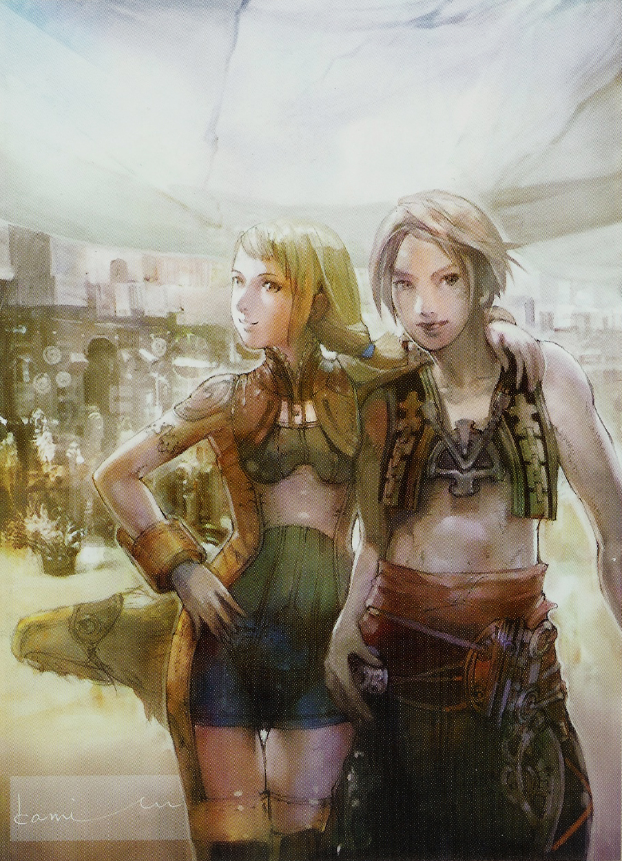 chocobo, penelo, vaan (ff12), final fantasy, final fantasy xii, highres, scan, 00s, 1boy, 1girl, bird, blonde hair, grey hair, long hair, romper, sash, smile, thigh strap, topless male, vest, wrist cuffs