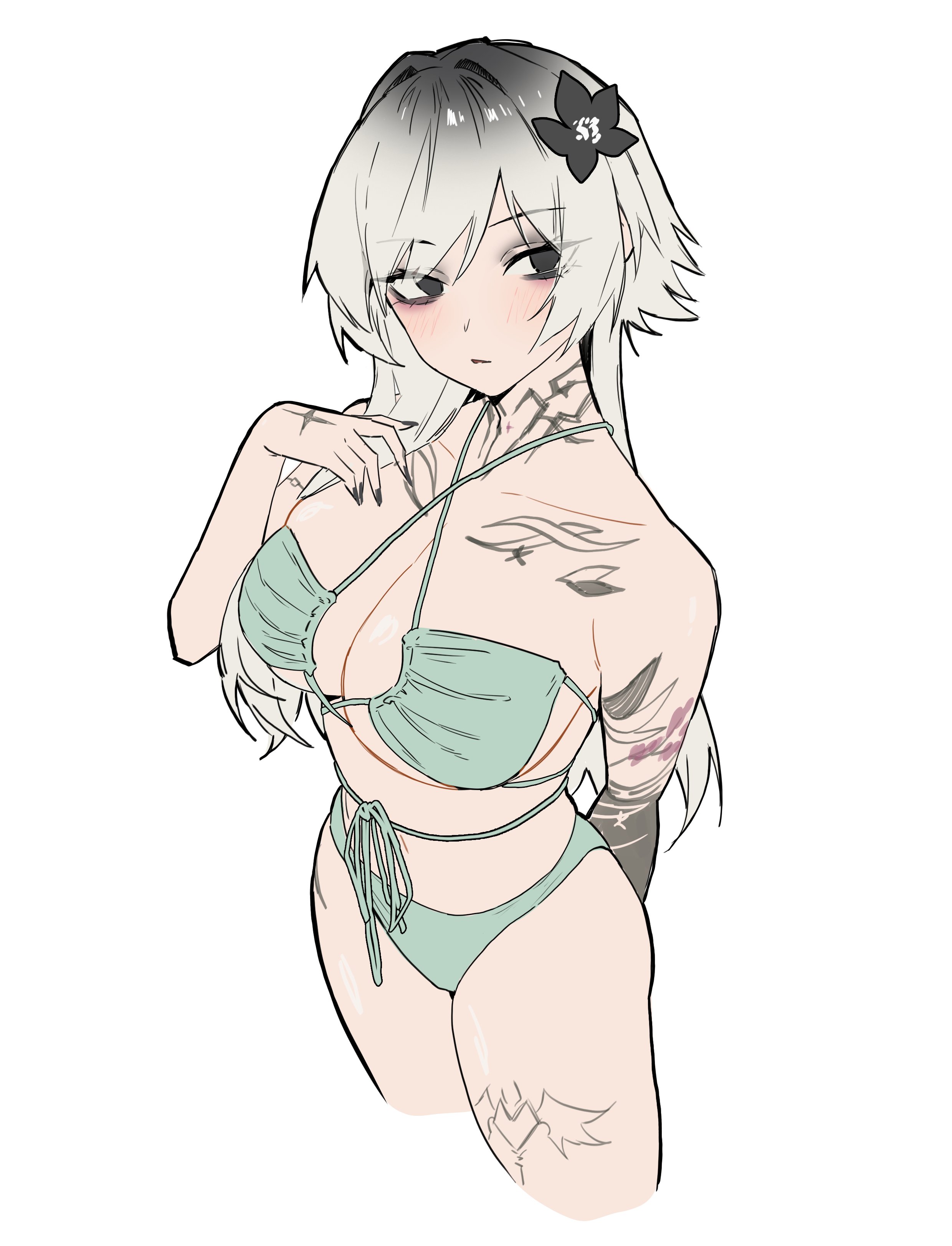 shouz, original, absurdres, commentary, english commentary, highres, 1girl, arm behind back, arm tattoo, bikini, black eyes, black flower, black nails, blush, breasts, chest tattoo, cleavage, criss-cross straps, cropped legs, fingernails, flower, gradient hair, green bikini, grey hair, hair flower, hair ornament, hand tattoo, hand up, jyuri (shouz), large breasts, leg tattoo, long hair, looking at viewer, multicolored hair, multiple tattoos, nail polish, neck tattoo, parted lips, simple background, solo, swept bangs, swimsuit, tattoo, white background