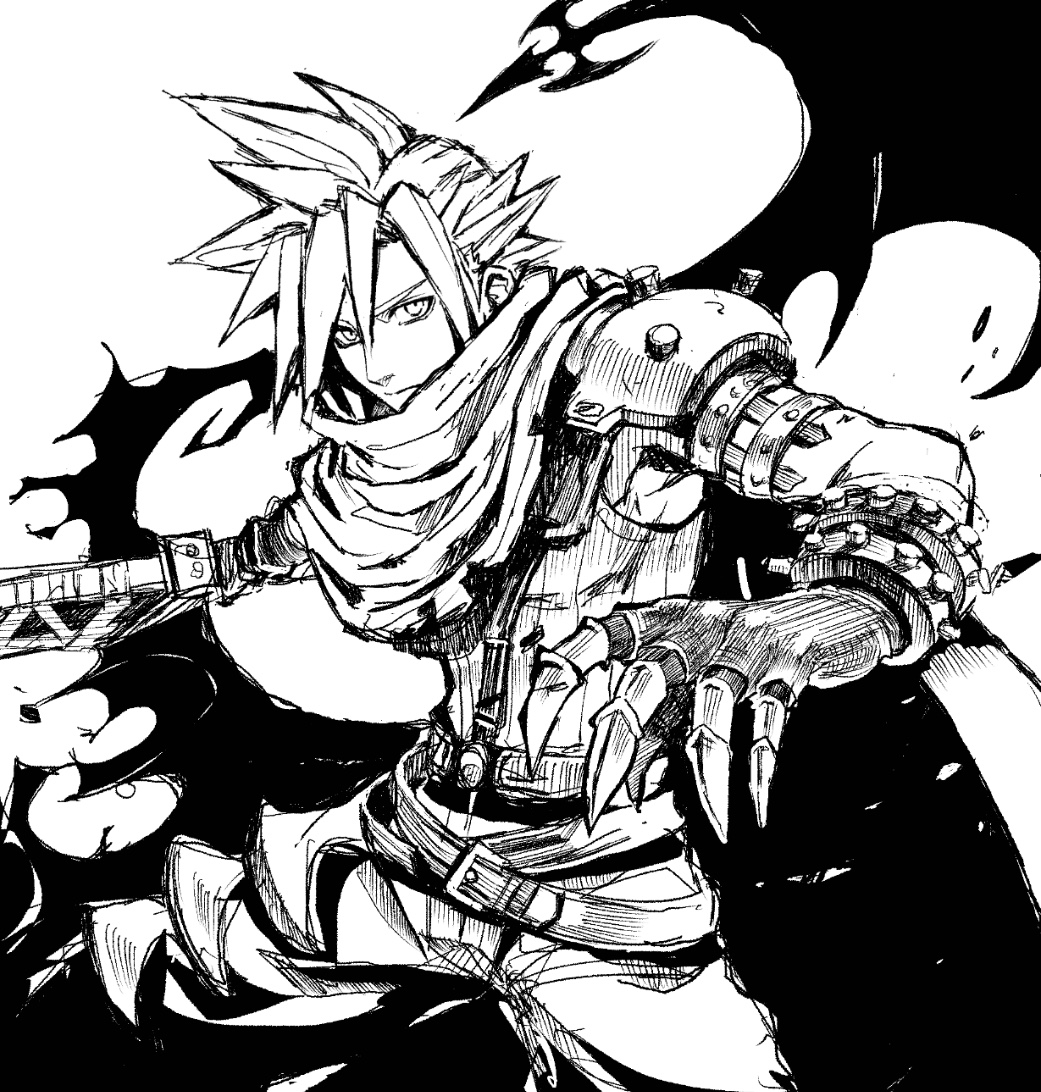 uxspwt1u79uz1gu, cloud strife, final fantasy, final fantasy vii, kingdom hearts, 1boy, armor, belt, buster sword, clawed gauntlets, cloak, closed mouth, crossed belts, demon wings, fighting stance, greyscale, hair between eyes, holding, holding sword, holding weapon, looking at viewer, male focus, monochrome, multiple belts, official alternate costume, pauldrons, short hair, shoulder armor, single pauldron, single wing, sketch, solo, spiked hair, suspenders, sword, torn cloak, torn clothes, weapon, white background, wings
