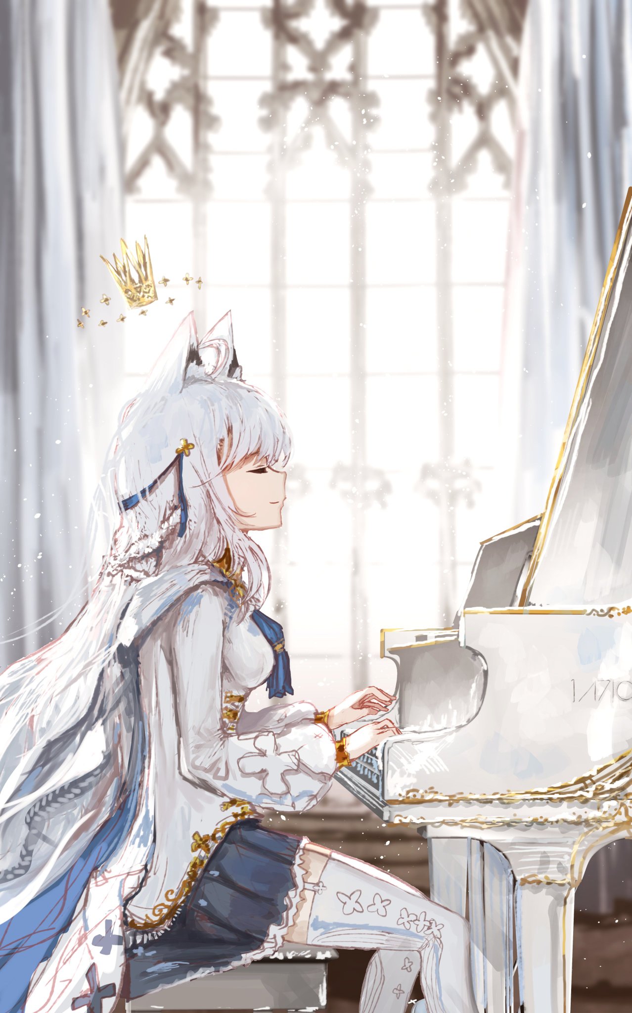 advarcher, shirakami fubuki, shirakami fubuki (saint), hololive, highres, 1girl, ahoge, animal ear fluff, animal ears, blue skirt, cape, closed eyes, crown, floating crown, fox ears, fox girl, frilled skirt, frills, garter straps, indoors, instrument, long hair, long sleeves, looking ahead, music, official alternate costume, piano, playing instrument, playing piano, pleated skirt, sitting, skirt, solo, virtual youtuber, white hair, window