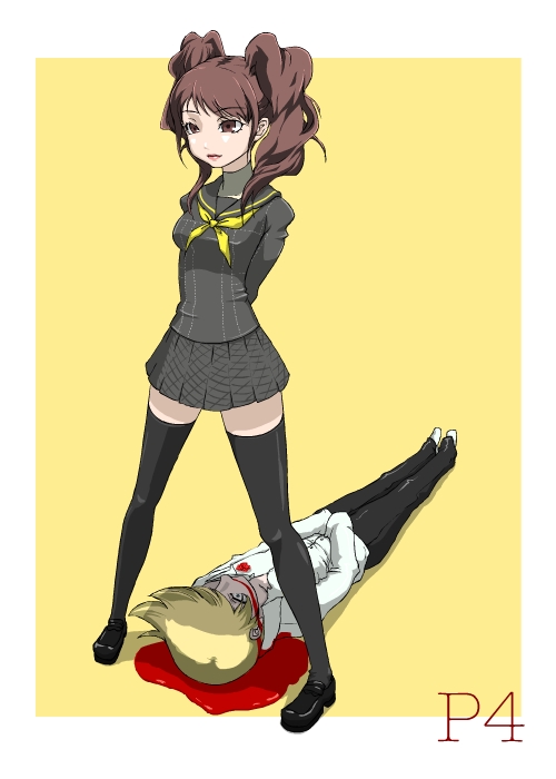 kuma kichi, kujikawa rise, kuma (persona 4), atlus, persona, persona 4, blood, nosebleed, school uniform, serafuku, skirt, thighhighs, twintails