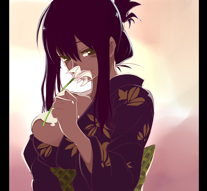 yamauri, original, 1girl, black hair, brown eyes, female focus, flower, folded ponytail, japanese clothes, kimono, solo