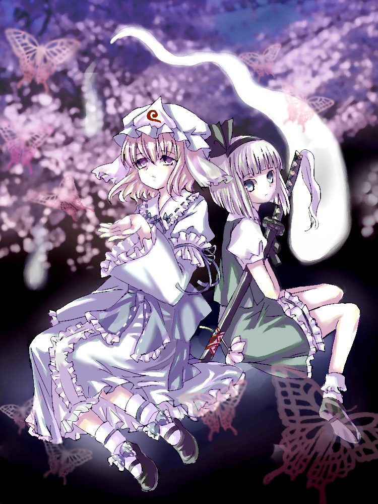 neme, konpaku youmu, konpaku youmu (ghost), saigyouji yuyuko, touhou, bad id, bad pixiv id, 2girls, female focus, ghost, hitodama, multiple girls
