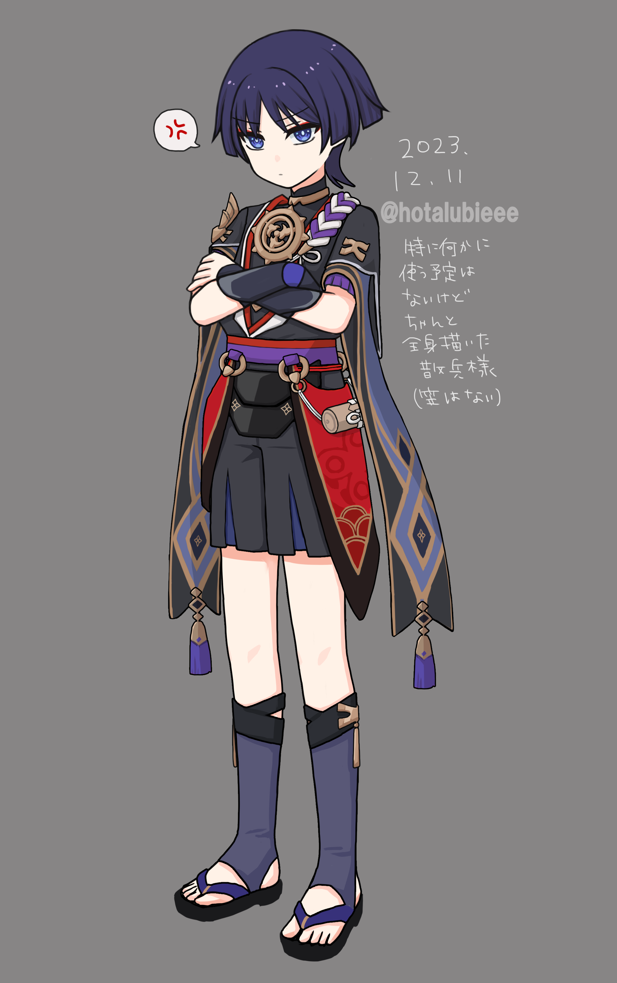 hotarubi (hotarubie), scaramouche (genshin impact), genshin impact, absurdres, highres, 1boy, anger vein, armor, black kimono, black sandals, black shorts, black sleeves, blunt ends, bridal legwear, bright pupils, closed mouth, crossed arms, dated, eyeliner, eyeshadow, frilled sleeves, frills, frown, full body, furisode, gold, gold trim, grey background, hand on own arm, japanese armor, japanese clothes, jewelry, juban, kimono, kote, kurokote, layered shorts, layered sleeves, looking at viewer, makeup, male focus, mitsudomoe (shape), neck ring, o-ring, open clothes, open kimono, purple eyes, purple hair, purple rope, purple sash, purple shorts, purple sleeves, red eyeliner, red eyeshadow, red kimono, red sash, rope, sandals, sash, shimenawa, short sleeves, shorts, single sode, solo, spoken anger vein, standing, stirrup legwear, tassel, toeless legwear, toes, tomoe (symbol), tsurime, twitter username, white kimono, white pupils, white rope, white trim, wispy bangs, zouri