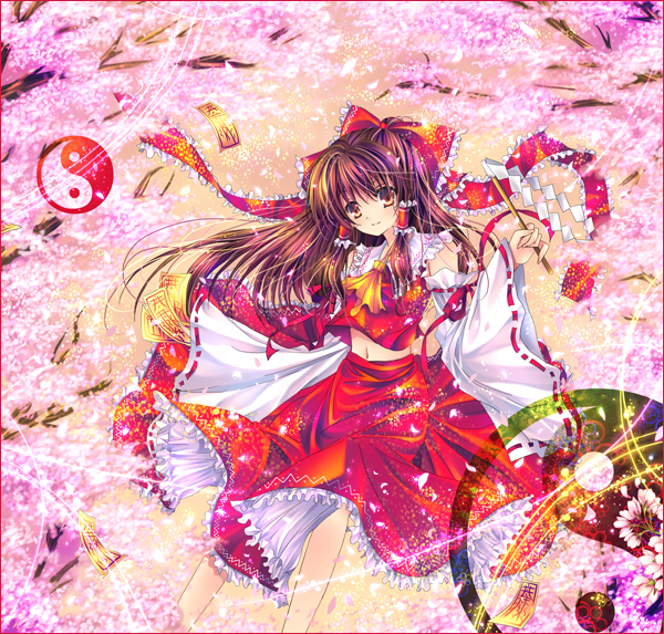 yakumo rui, hakurei reimu, imperishable night, touhou, bad id, bad pixiv id, 1girl, detached sleeves, female focus, japanese clothes, miko, nature, navel, outdoors, petals, plant, ribbon, skirt, solo