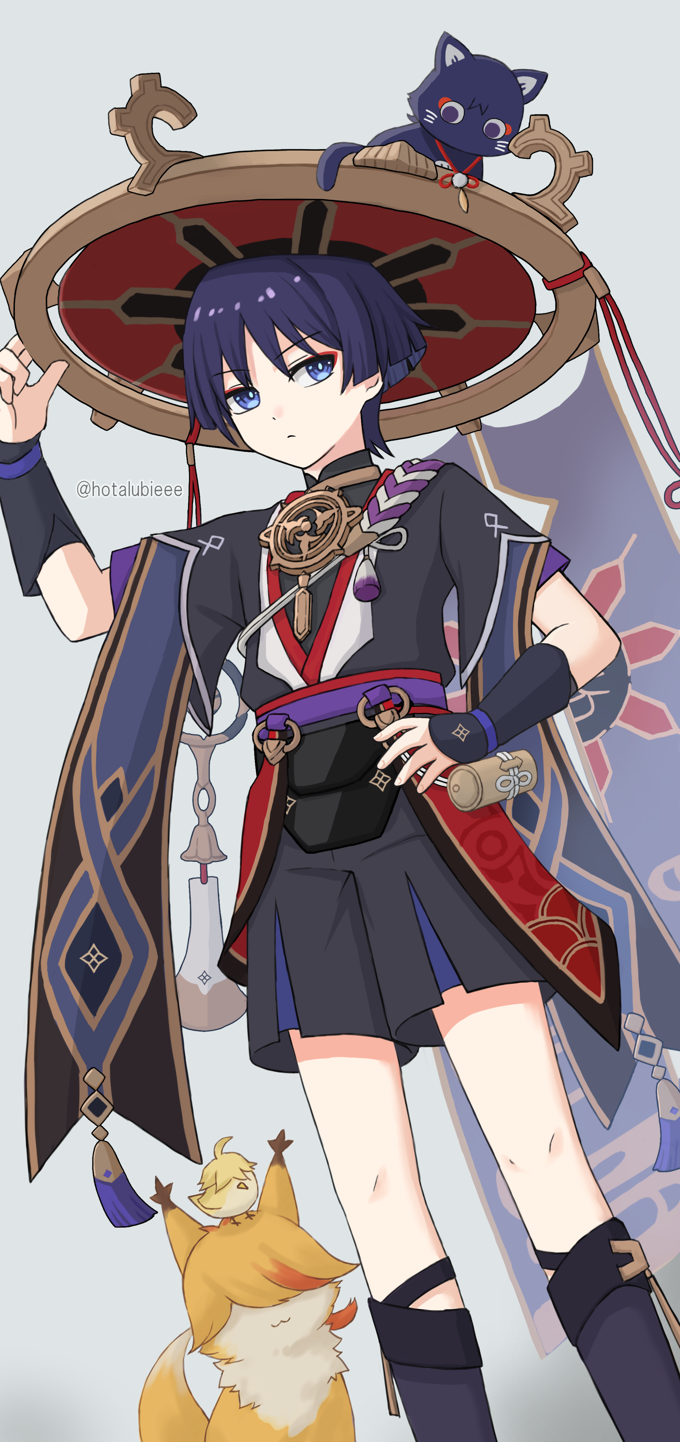 hotarubi (hotarubie), scaramouche's sickly friend (genshin impact), scaramouche (cat) (genshin impact), scaramouche (genshin impact), genshin impact, absurdres, highres, 1boy, animalization, arm at side, armor, black bodysuit, black cat, black kimono, black shorts, black sleeves, blue shorts, blunt ends, bodysuit, bright pupils, cat, closed mouth, eyeliner, eyeshadow, feathers, furisode, gold, gold trim, grey veil, hand on own hip, hand up, hat, japanese armor, japanese clothes, jewelry, jingasa, juban, kimono, kote, kurokote, layered shorts, layered sleeves, looking at animal, looking up, makeup, male focus, mandarin collar, mitsudomoe (shape), neck ring, niwa (genshin impact), person and animalization, pom pom (clothes), purple eyes, purple hair, purple rope, purple sash, purple sleeves, red eyeliner, red eyeshadow, red hat, red kimono, red sash, rope, sash, shimenawa, short sleeves, shorts, string, tassel, tomoe (symbol), twitter username, veil, white background, white kimono, white pupils, white rope, white trim, wispy bangs, yellow feathers