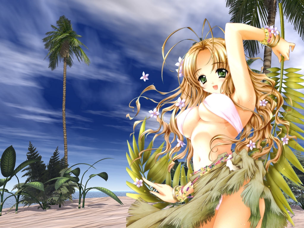 carnelian, non-web source, 1girl, antenna hair, beach, bikini, blonde hair, bracelet, breasts, covered erect nipples, criss-cross halter, day, female focus, flower, green eyes, halterneck, jewelry, large breasts, leaf, outdoors, palm tree, sky, solo, swimsuit, tree, underboob