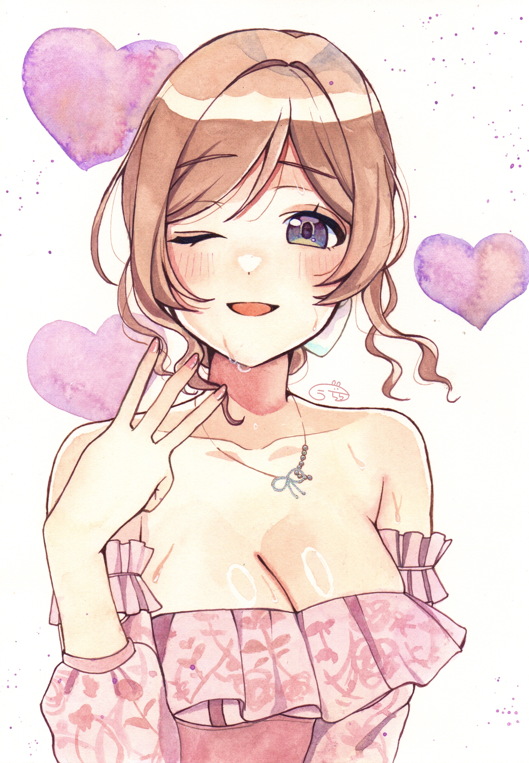 urara-owo, himesaki rinami, gakuen idolmaster, idolmaster, absurdres, commentary, highres, 1girl, ;d, blue eyes, blush, breasts, brown hair, cleavage, collarbone, dress, fingernails, heart, jewelry, looking at viewer, medium breasts, middle w, nail polish, necklace, off-shoulder dress, off shoulder, official alternate costume, one eye closed, open mouth, pink dress, smile, solo, upper body, w