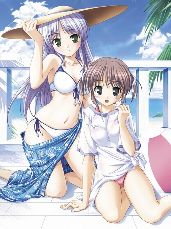bekkankou, asagiri mai, feena fam earthlight, yoake mae yori ruri iro na, light purple hair, non-web source, 2girls, ball, beachball, bikini, bikini under clothes, blush, breasts, brown hair, cameltoe, cleavage, cloud, day, front-tie top, green eyes, grey eyes, hat, kneeling, long hair, medium breasts, midriff, multiple girls, palm tree, porch, purple hair, sarong, short hair, short twintails, side-tie bikini bottom, sky, smile, swimsuit, swimsuit under clothes, tree, twintails