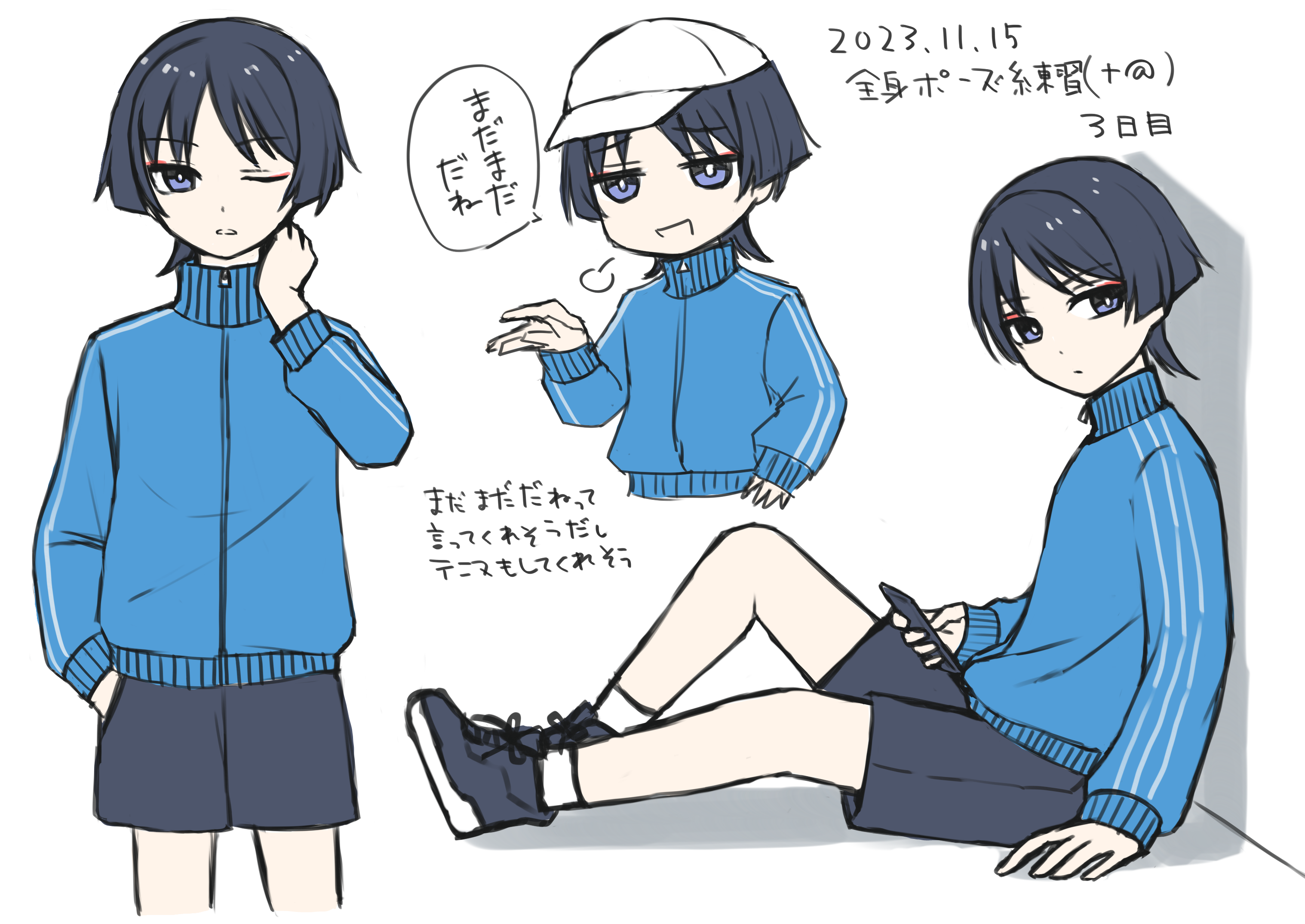 hotarubi (hotarubie), scaramouche (genshin impact), genshin impact, highres, translation request, 1boy, against wall, alternate costume, arm at side, black hair, black shorts, blue jacket, blunt ends, contemporary, cropped legs, cropped torso, eyeliner, eyeshadow, full body, half-closed eyes, hand in pocket, hand on floor, hand on own neck, hand up, hat, holding, holding phone, jacket, long sleeves, looking at viewer, makeup, male focus, multiple views, one eye closed, open hand, open mouth, parted bangs, parted lips, peaked cap, phone, puff of air, purple eyes, red eyeliner, red eyeshadow, shoes, shorts, sitting, sneakers, socks, speech bubble, track jacket, white hat, white mouth, white sleeves, white socks, wispy bangs, zipper, zipper pull tab
