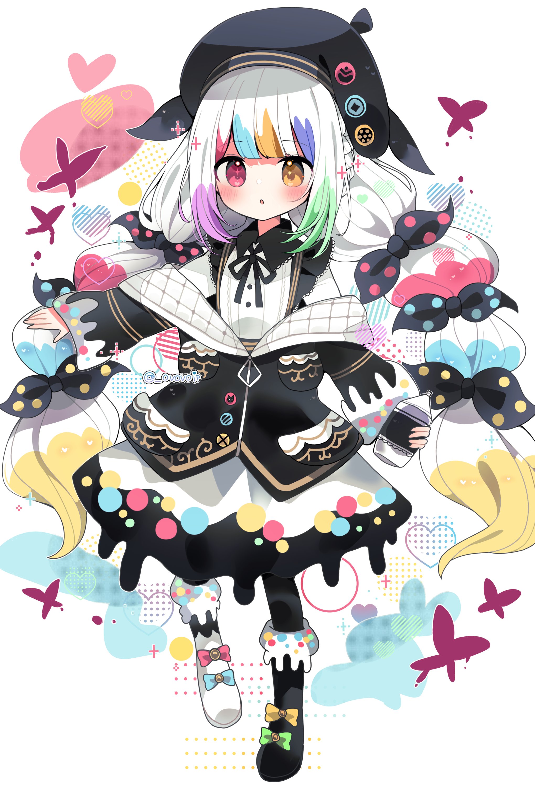 ovoip, jougasaki noa, mahou shoujo no majo saiban, absurdres, commentary request, highres, 1girl, artist painter, asymmetrical footwear, beret, black boots, black jacket, black ribbon, blue bow, boots, bow, full body, green bow, hat, heterochromia, holding, holding spray can, jacket, long hair, long sleeves, looking at viewer, magical girl, mismatched footwear, multi-tied hair, multicolored hair, neck ribbon, paintbrush, pink bow, pink eyes, polka dot, polka dot bow, ribbon, shirt, solo, spray can, standing, streaked hair, very long hair, white boots, white hair, white shirt, yellow bow, yellow eyes