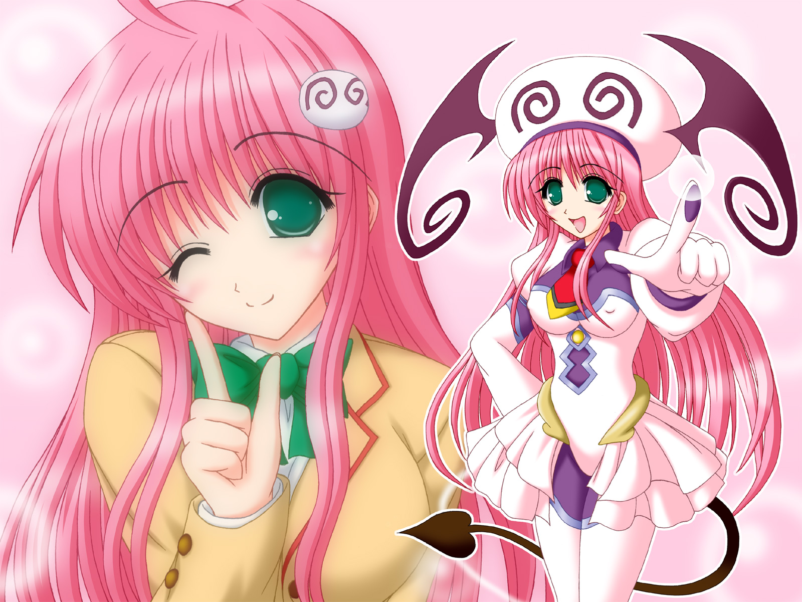 lala satalin deviluke, peke (to love-ru), to love-ru, highres, md5 mismatch, resolution mismatch, source smaller, 00s, 1girl, bodysuit, costume, gloves, green eyes, leotard, long hair, one eye closed, pink hair, school uniform, serafuku, wink