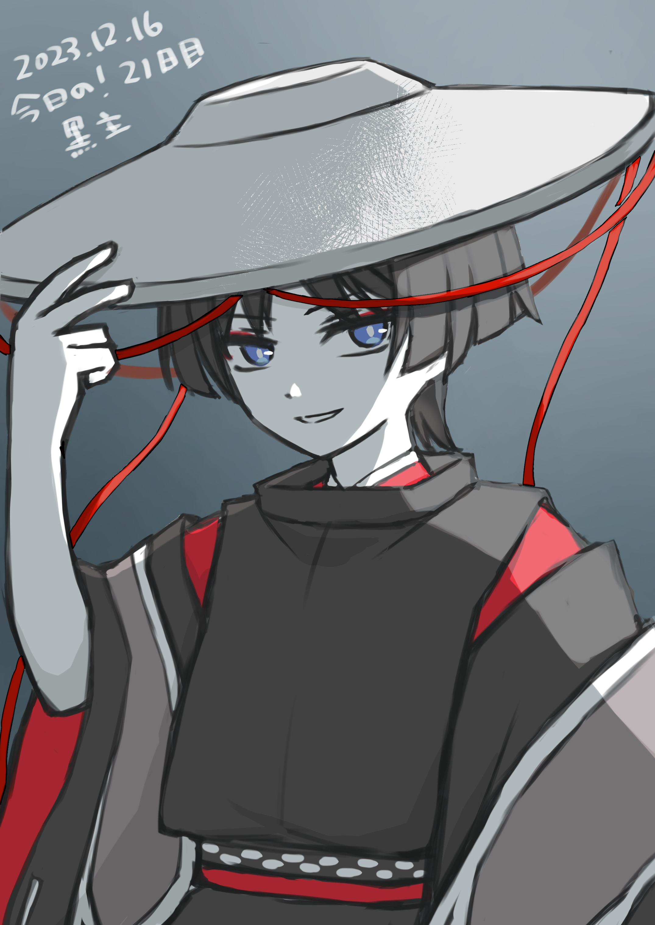 hotarubi (hotarubie), kuronushi (genshin impact), scaramouche (genshin impact), genshin impact, absurdres, highres, translation request, 1boy, arm at side, blunt ends, bright pupils, clothing cutout, dated, eyeliner, eyeshadow, grey background, hand up, ichimegasa, japanese clothes, kariginu, kimono, layered sleeves, looking at viewer, makeup, male focus, monochrome, parted bangs, parted lips, purple eyes, red eyeliner, red eyeshadow, red kimono, red sash, red sleeves, ribbon-trimmed sleeves, ribbon trim, sash, short sleeves, shoulder cutout, smile, solo, tsurime, upper body, white pupils, wide sleeves, wispy bangs