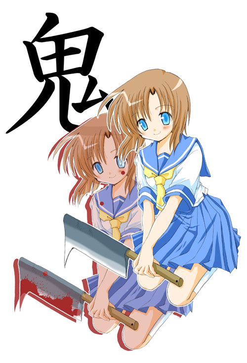 ryuuguu rena, higurashi no naku koro ni, non-web source, 00s, 1girl, billhook, blood, blue eyes, brown hair, dual persona, hashitsuki nata, hatchet, kneeling, nata (tool), school uniform, serafuku