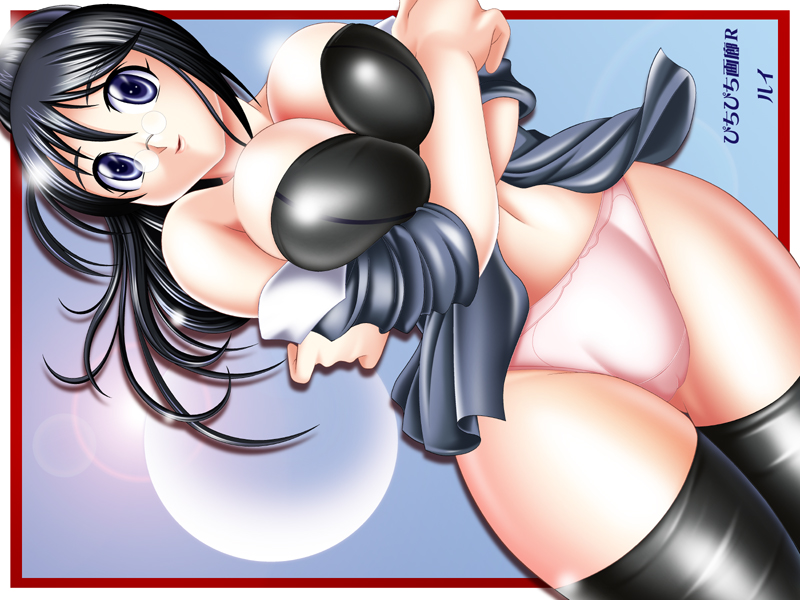 pichipichi garou r, rui (pichipichi garou r), hinata aki, keroro gunsou, breast hold, 1girl, artist name, bare shoulders, black bra, black hair, black thighhighs, blue eyes, border, bra, breasts, breasts squeezed together, cameltoe, circle name, cleavage, cloud, cowboy shot, crossed arms, dutch angle, female focus, glasses, hair between eyes, high ponytail, large breasts, lens flare, long hair, looking at viewer, mature female, navel, no pants, off shoulder, open clothes, open shirt, outdoors, panties, parted bangs, parted lips, pince-nez, pink panties, ponytail, rimless eyewear, shiny clothes, shirt, sky, smile, solo, strapless, strapless bra, sun, thigh gap, thighhighs, thighs, underwear, undressing