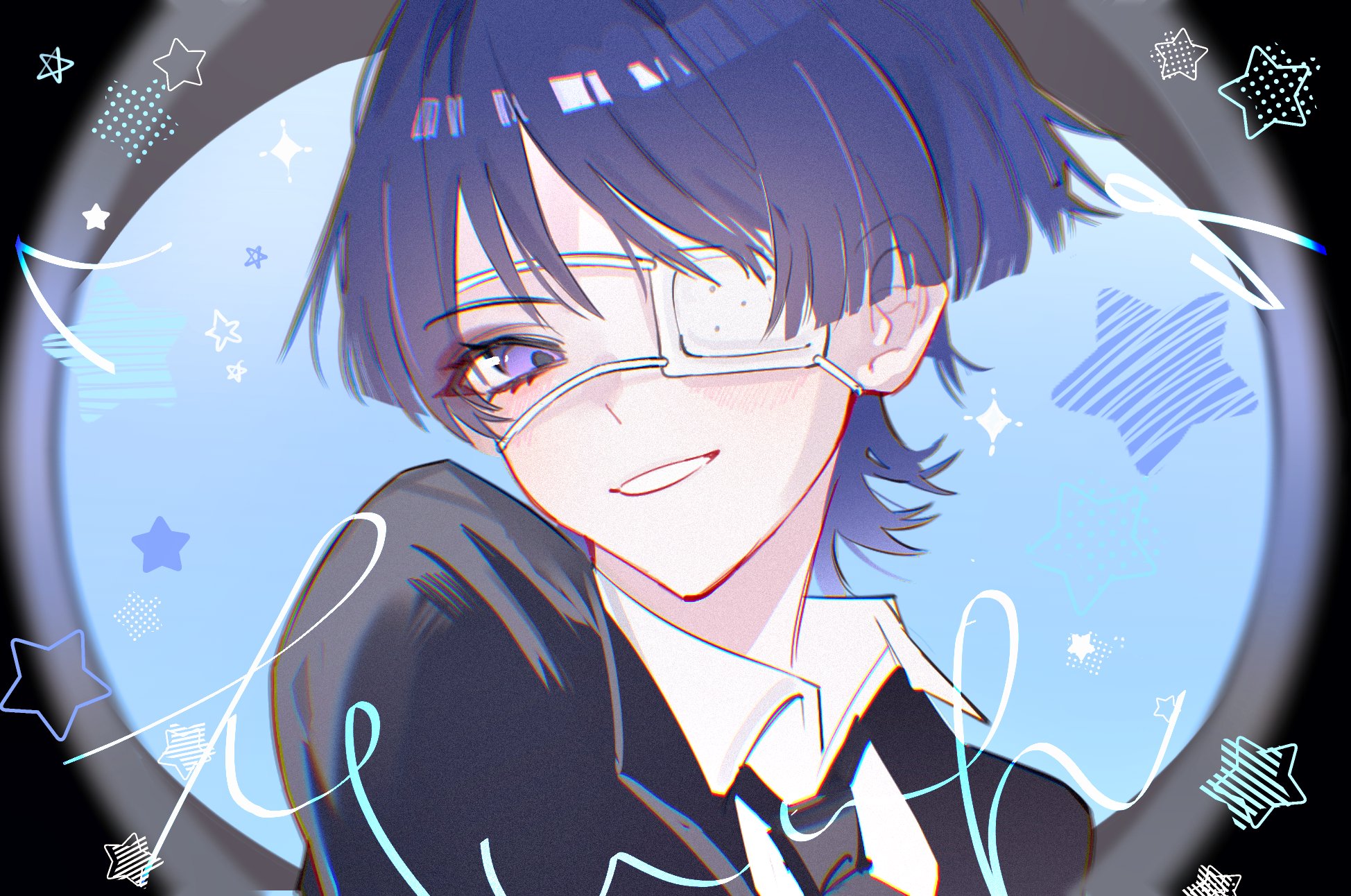 scaramouche (genshin impact), genshin impact, monitoring (vocaloid), highres, 1boy, black jacket, black necktie, black sleeves, blue background, blunt ends, blush, collared shirt, cranberry11 207, cursive, eyeliner, eyepatch, eyeshadow, jacket, looking at viewer, makeup, male focus, medical eyepatch, necktie, open mouth, parody, portrait, pov peephole, purple eyes, purple hair, red eyeliner, red eyeshadow, shirt, solo, star (symbol), tsurime, undershirt, white mouth, white shirt, wispy bangs