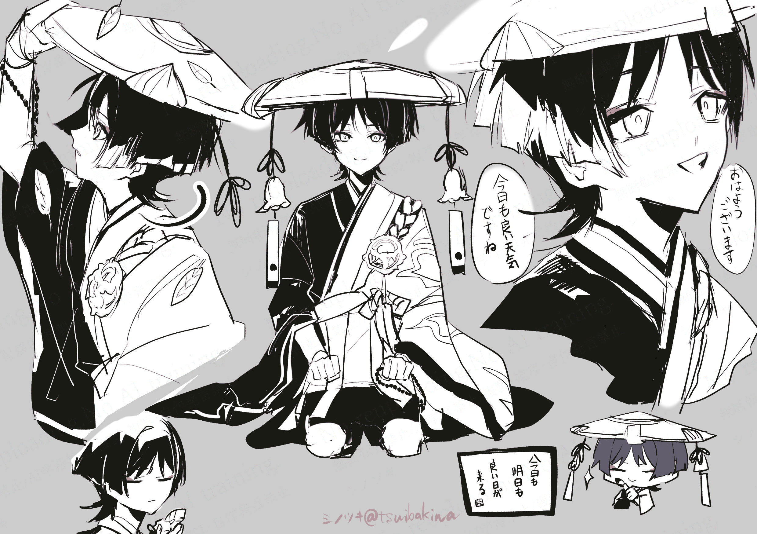 tsuibakiwa, scaramouche (genshin impact), wanderer (genshin impact), genshin impact, highres, translation request, 1boy, beads, blunt ends, calligraphy brush, clenched hands, closed eyes, closed mouth, eyeshadow, feathers, greyscale, hands on own thighs, hat, holding, holding calligraphy brush, holding feather, holding paintbrush, japanese clothes, jingasa, kesa, kimono, leaf, long sleeves, looking at viewer, looking up, makeup, male focus, mitsudomoe (shape), monk, monochrome, multiple views, official alternate costume, open mouth, paintbrush, parted lips, prayer beads, prototype design, rope, seiza, shimenawa, shorts, sitting, sketch, smile, tomoe (symbol), twitter username, wide sleeves, wispy bangs