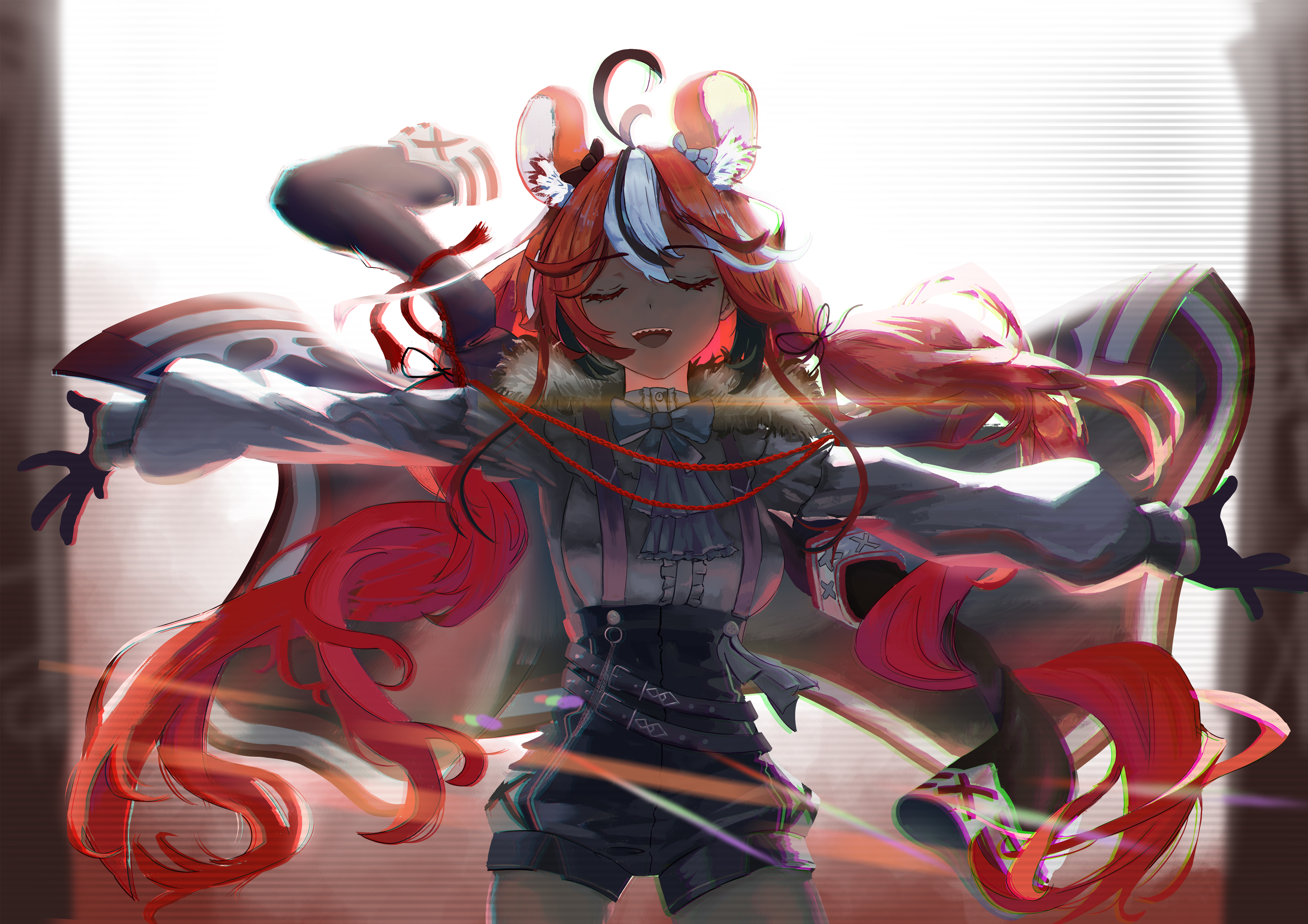 st3ll4, hakos baelz, hakos baelz (steel rose), hololive, hololive english, absurdres, highres, 1girl, ahoge, animal ears, black gloves, bow, breasts, closed eyes, gloves, lens flare, long hair, low twintails, mouse ears, multicolored hair, outstretched arms, red hair, sharp teeth, shorts, streaked hair, suspender shorts, suspenders, teeth, twintails, virtual youtuber