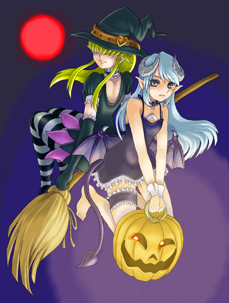 kenkou cross, striped legwear, bad id, bad pixiv id, 2girls, barefoot, belt, blonde hair, blue eyes, blue hair, broom, broom riding, choker, demon, demon girl, demon wings, elbow gloves, full moon, gloves, glowing, glowing eyes, hair over eyes, hat, horns, jack-o'-lantern, moon, multiple girls, pantyhose, pumpkin, red eyes, red moon, sidesaddle, striped clothes, striped pantyhose, tail, thighhighs, wings, witch hat
