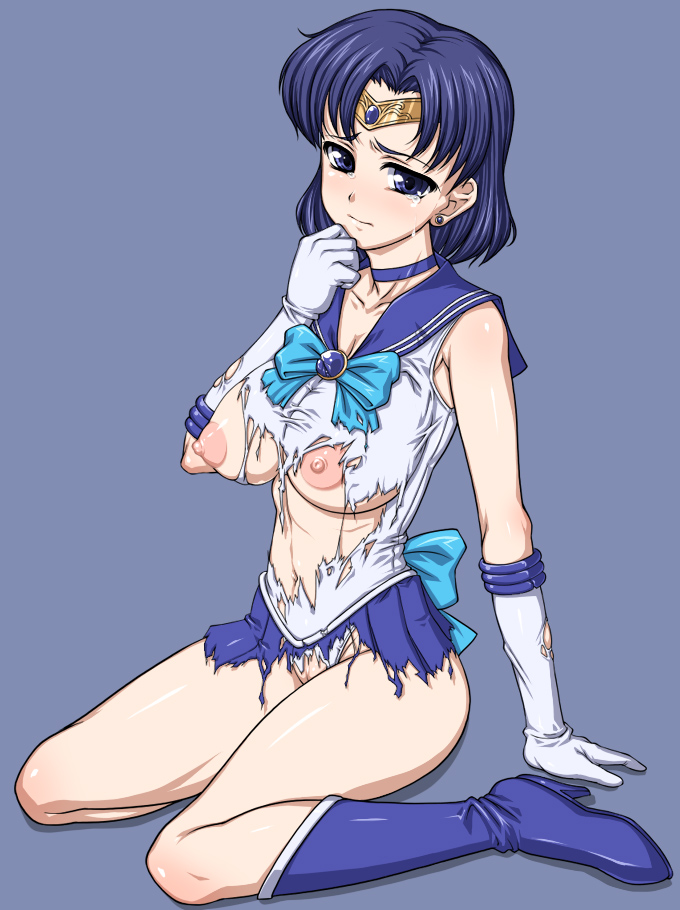 masa yuki, yukimasa (nkk145), mizuno ami, sailor mercury, bishoujo senshi sailor moon, bad id, bad pixiv id, 1990s (style), 1girl, blue boots, blue eyes, blue hair, blue sailor collar, blue skirt, blush, boots, breasts, crown, earrings, female focus, gloves, hat, jewelry, knee boots, large breasts, magical girl, matching hair/eyes, nipples, puffy nipples, retro artstyle, sailor collar, school uniform, serafuku, short hair, sitting, skirt, solo, tears, torn clothes, uncensored, white gloves