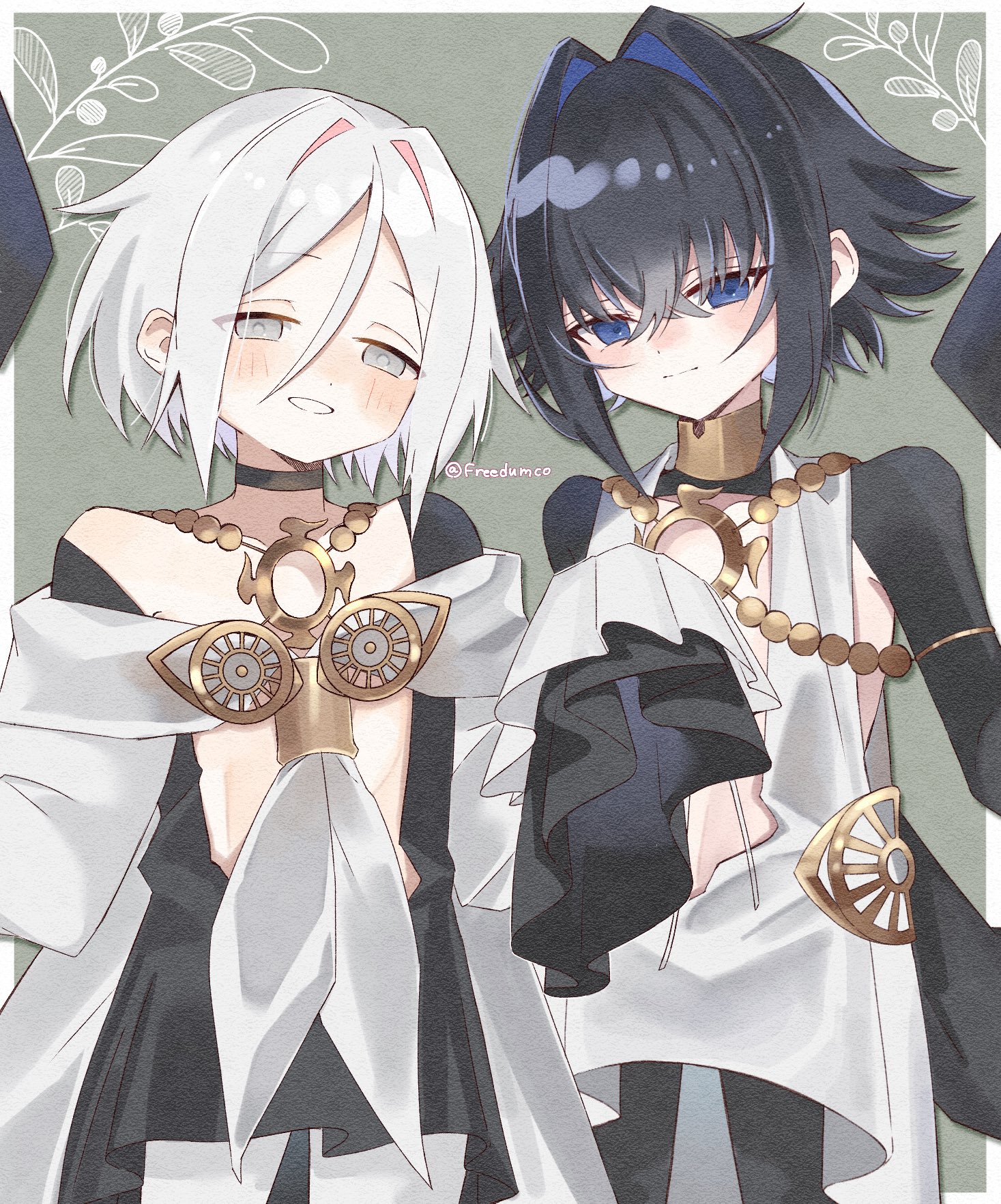 yaruco (freedumco), dove (fate), raven (fate), fate/grand order, fate (series), highres, 2others, androgynous, black hair, black shrug, blue eyes, blue hair, choker, gold choker, gold necklace, grey eyes, grey shawl, hair intakes, jewelry, looking at viewer, multicolored hair, multiple others, necklace, pink hair, shawl, short hair, shrug (clothing), sleeves past fingers, sleeves past wrists, streaked hair, two-tone hair, white hair, white shawl