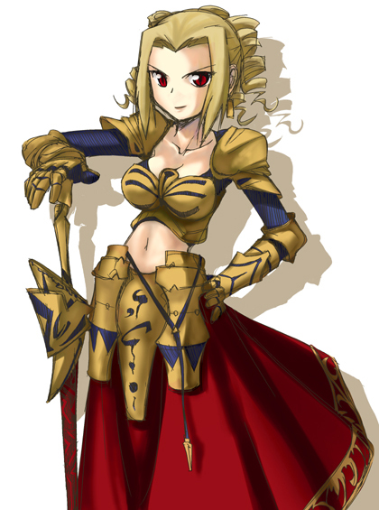 ea (fate), gilgamesh-ko, gilgamesh (fate), fate/stay night, fate (series), gender request, non-web source, 00s, 1girl, armor, blonde hair, breasts, collarbone, female focus, gauntlets, genderswap, midriff, navel, red eyes, ringlets, simple background, skirt, solo, sword, weapon