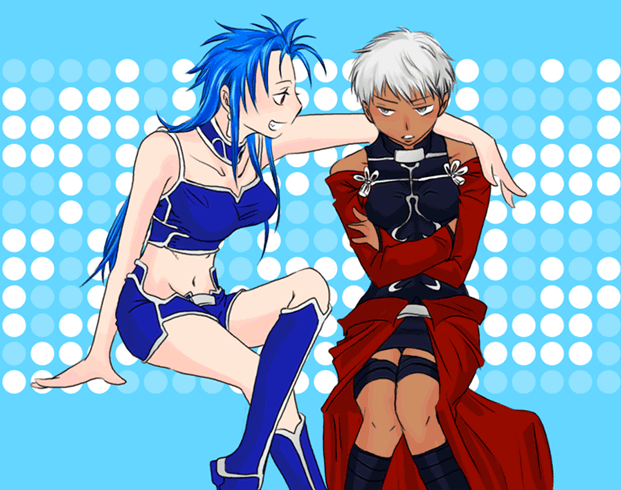 archer (fate), archerko (himura kiseki), cu chulainn (fate), cu chulainn (fate/stay night), cu chulainn (lancer) (fate), fate/stay night, fate (series), non-web source, 00s, 2girls, blue hair, breasts, dark-skinned female, dark skin, genderswap, genderswap (mtf), grin, large breasts, mullet, multiple girls, smile