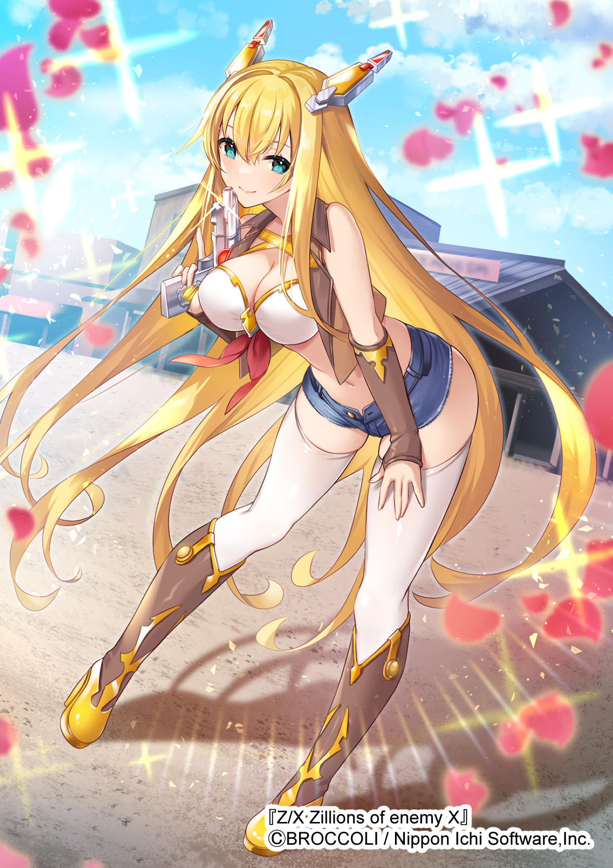 sakofu, rigel (z/x), z/x, highres, official art, 1girl, aqua eyes, blonde hair, blue sky, boots, breasts, brown boots, brown jacket, building, cleavage, closed mouth, cloud, cloudy sky, copyright notice, gold trim, gun, hair ornament, holding, holding gun, holding weapon, huge breasts, jacket, long hair, navel, open clothes, open jacket, outdoors, petals, short shorts, shorts, sky, sleeveless, sleeveless jacket, solo, sparkle, thighhighs, very long hair, weapon, white thighhighs