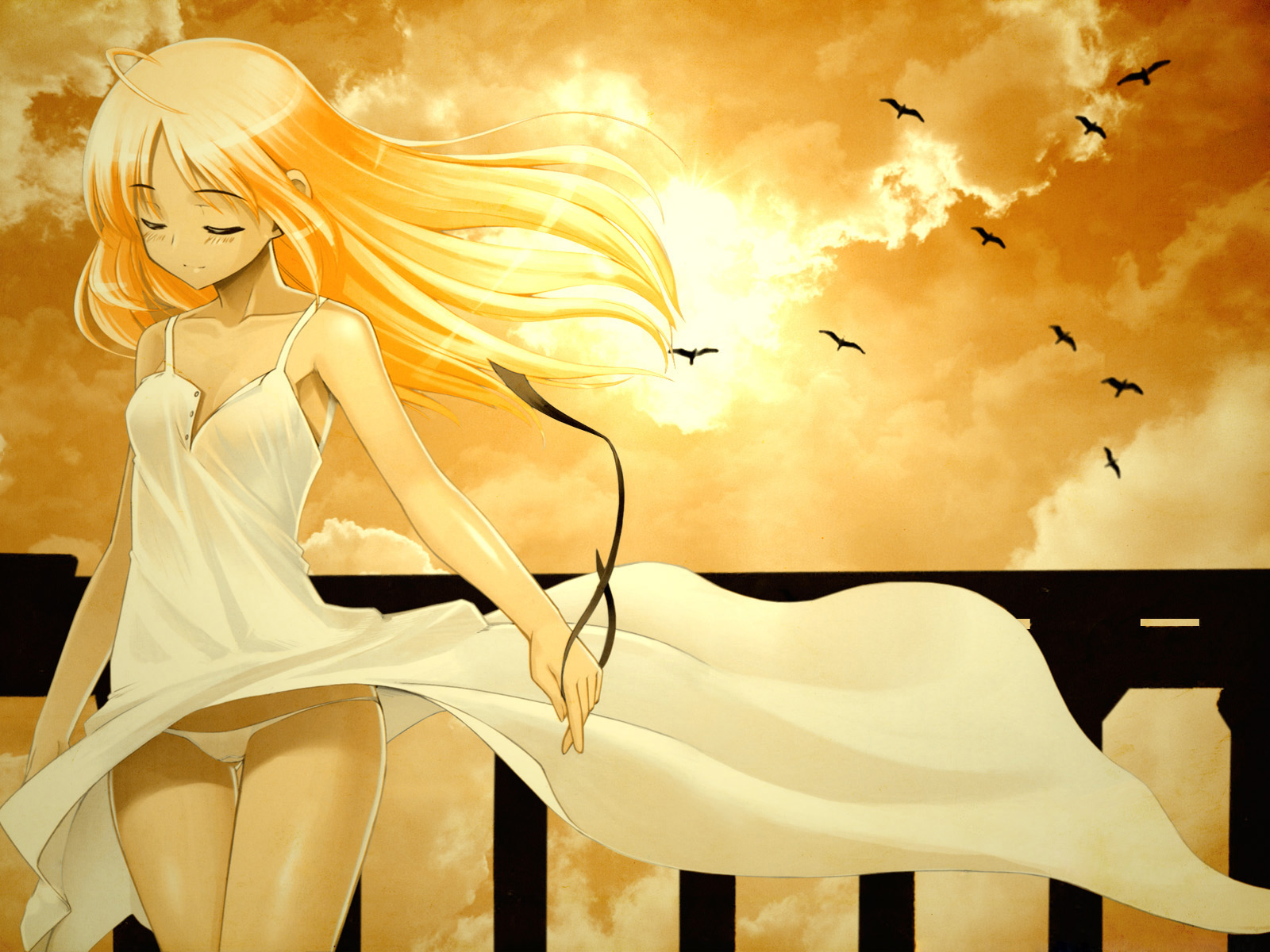 namonashi, artoria pendragon (fate), saber (fate), fate/stay night, fate (series), highres, non-web source, 00s, 1girl, ahoge, alternate costume, alternate hairstyle, bare shoulders, bird, blonde hair, breasts, closed eyes, cloud, collarbone, dress, female focus, hair down, hair ribbon, long hair, lowleg, lowleg panties, panties, ribbon, sky, small breasts, solo, sundress, sunset, unbuttoned, underwear, white dress, white panties, wind, wind lift