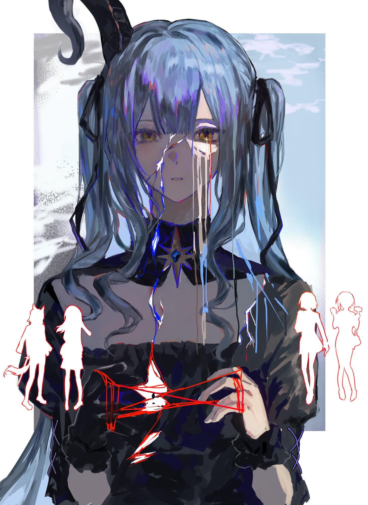 dekitaran44316, misumi uika, misumi uika (caged singer), togawa sakiko, togawa sakiko (master of melodia), wakaba mutsumi, wakaba mutsumi (marionette's id), yahata umiri, yahata umiri (moonlight executioner), yuutenji nyamu, yuutenji nyamu (magician of passion), arknights, ave mujica (bang dream!), bang dream!, bang dream! it's mygo!!!!!, hashtag-only commentary, highres, 1girl, black dress, black gloves, black horns, black ribbon, blue hair, blunt bangs, cat's cradle, cracked skin, curled horns, detached collar, dress, gloves, hair ribbon, hands up, horns, long hair, looking at viewer, parted lips, ribbon, sidelocks, silhouette, single glove, single horn, two side up, wrist cuffs, yellow eyes