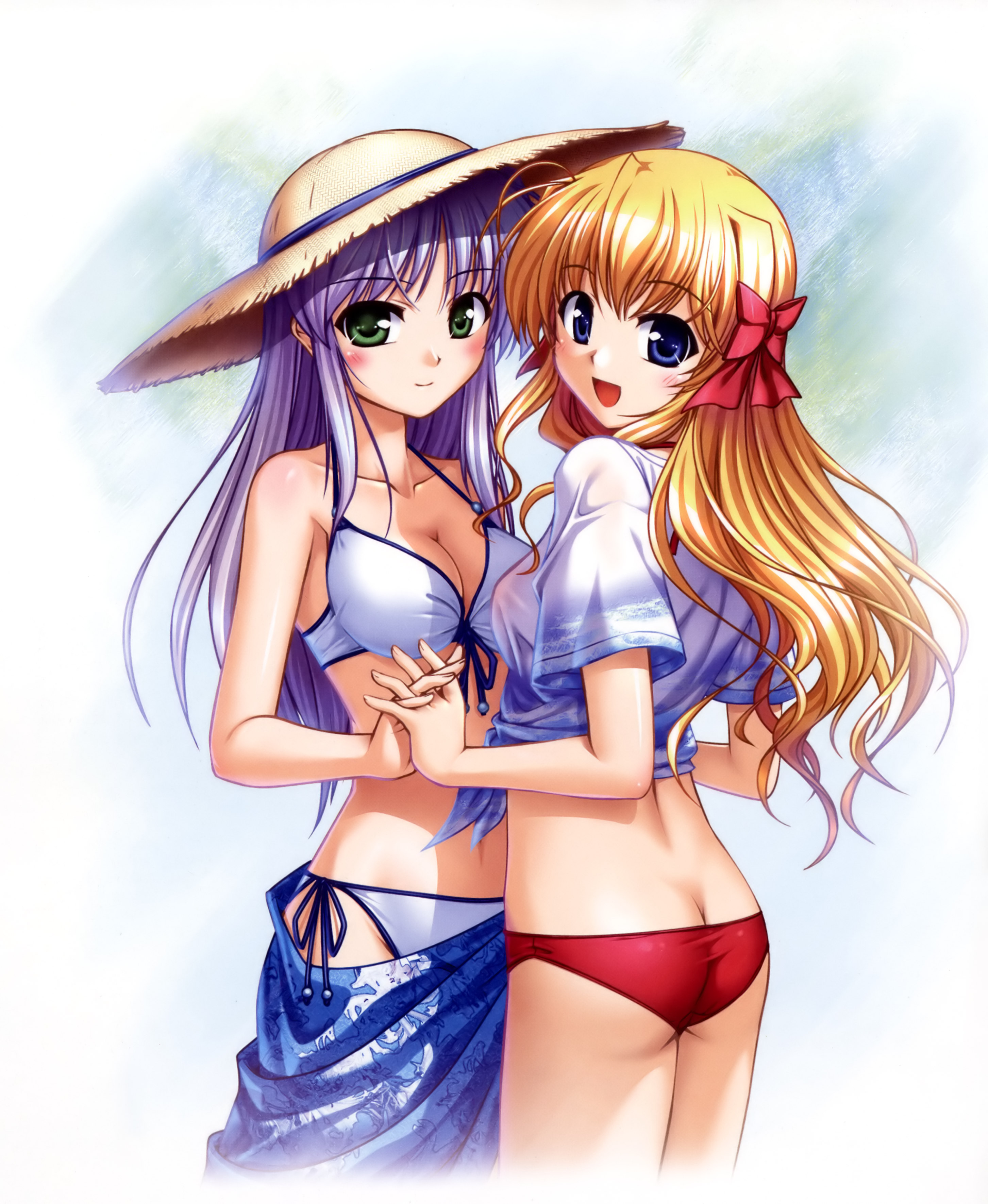 bekkankou, feena fam earthlight, sendou erika, august soft, fortune arterial, yoake mae yori ruri iro na, absurdres, highres, 2girls, bikini, blonde hair, blue eyes, breasts, butt crack, cleavage, company connection, crossover, green eyes, hat, holding hands, interlocked fingers, lowleg, lowleg bikini, multiple girls, purple hair, sarong, side-tie bikini bottom, straw hat, swimsuit