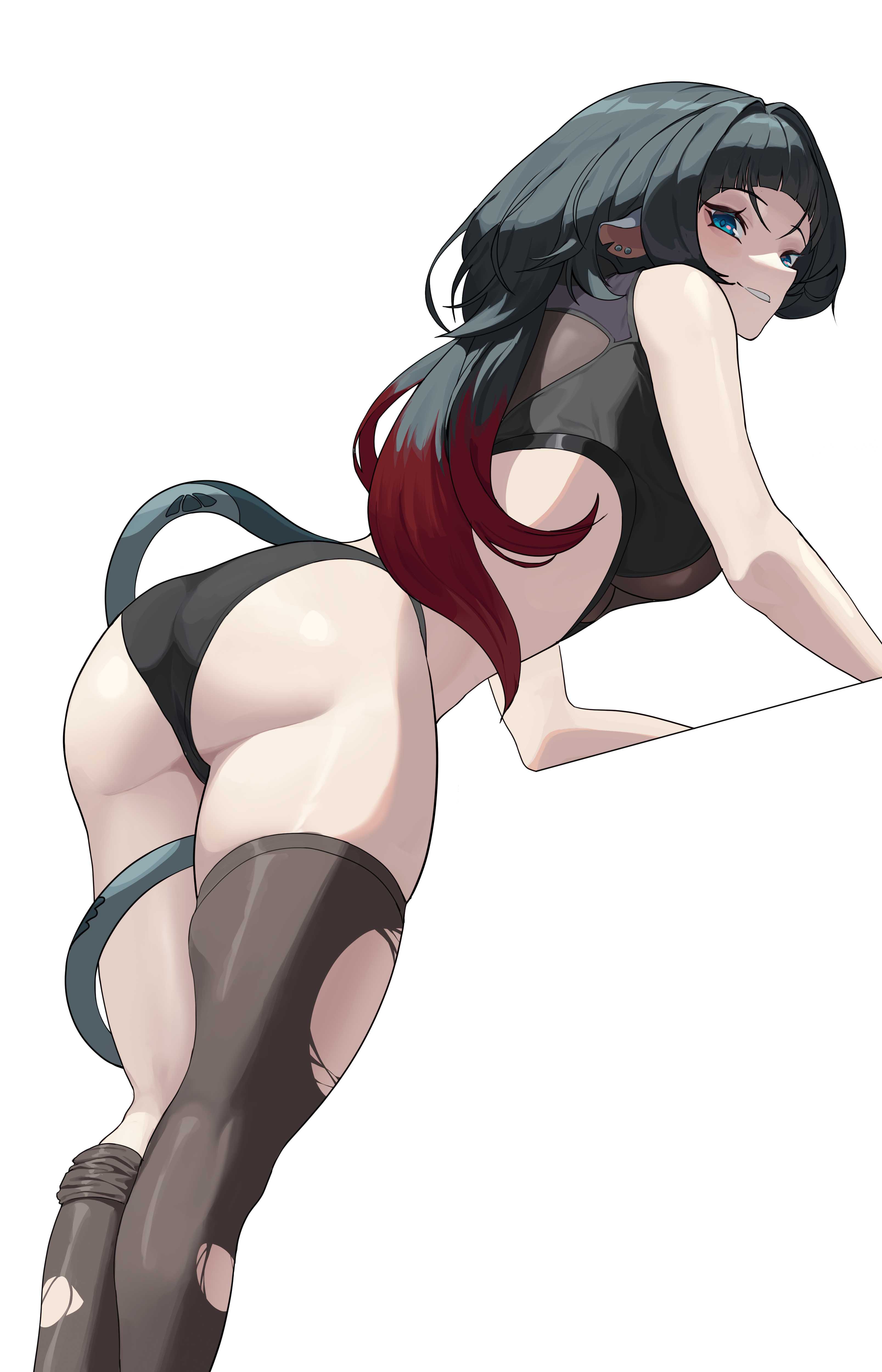 jane doe (zenless zone zero), zenless zone zero, absurdres, highres, 1girl, animal ears, ass, bare arms, bare shoulders, black hair, black panties, black tank top, blue eyes, ear piercing, kimjih0628, long hair, long tail, mouse ears, mouse girl, mouse tail, panties, piercing, sharp tail, smile, solo, tail, tail around own leg, tank top, teeth, thighhighs, torn clothes, torn thighhighs, underwear, white background