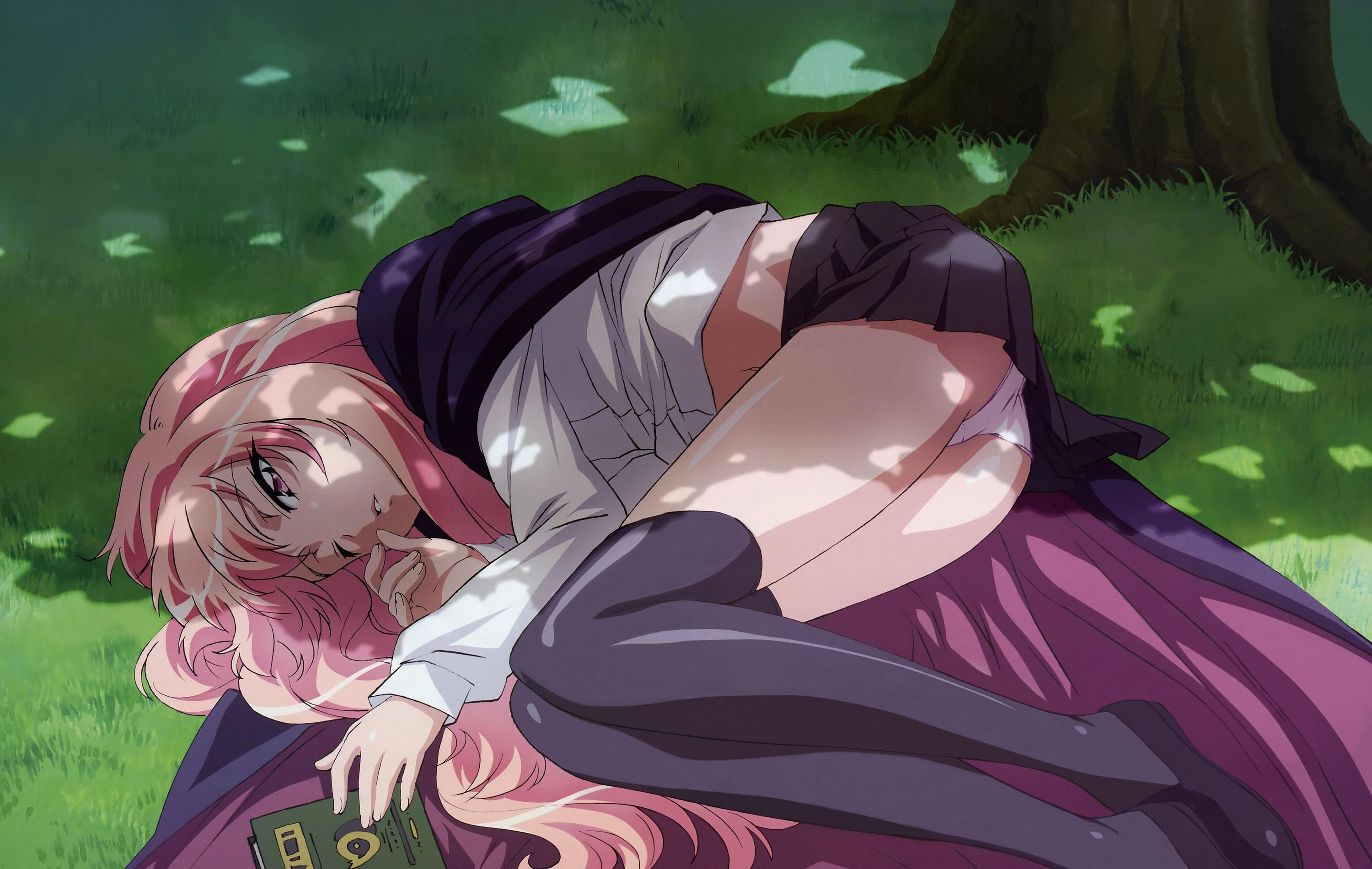 fujii masahiro, louise francoise le blanc de la valliere, zero no tsukaima, highres, official art, scan, 00s, 1girl, dappled sunlight, feet out of frame, female focus, long hair, long legs, lying, panties, pantyshot, pink eyes, pink hair, pink panties, shoes, solo, sunlight, thighhighs, underwear