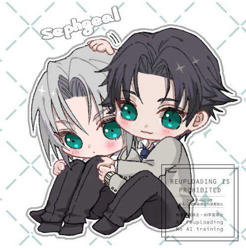 angeal hewley, sephiroth, sephiroth (ever crisis), final fantasy, final fantasy vii, final fantasy vii ever crisis, lowres, 2boys, 7 kiy u, angeal hewley (shinra private academy), aqua eyes, black hair, black necktie, black pants, black shoes, blush, chibi, chibi only, collared shirt, full body, grey hair, grey jacket, hair between eyes, hand on another's head, jacket, light smile, male focus, multiple boys, necktie, official alternate costume, pants, parted bangs, school uniform, sephiroth (shinra private academy), ship name, shirt, shoes, short hair, sitting, suit jacket, white background, white shirt, yaoi