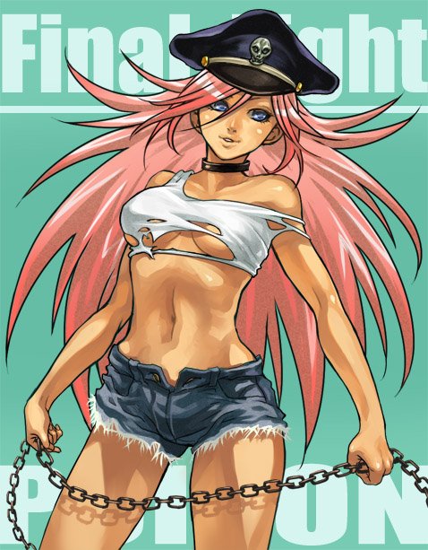 ari a, poison (final fight), capcom, final fight, street fighter, 1girl, big hair, blue eyes, blue shorts, bulge, chain, collar, female focus, hat, long hair, pink hair, short shorts, shorts, solo, torn clothes