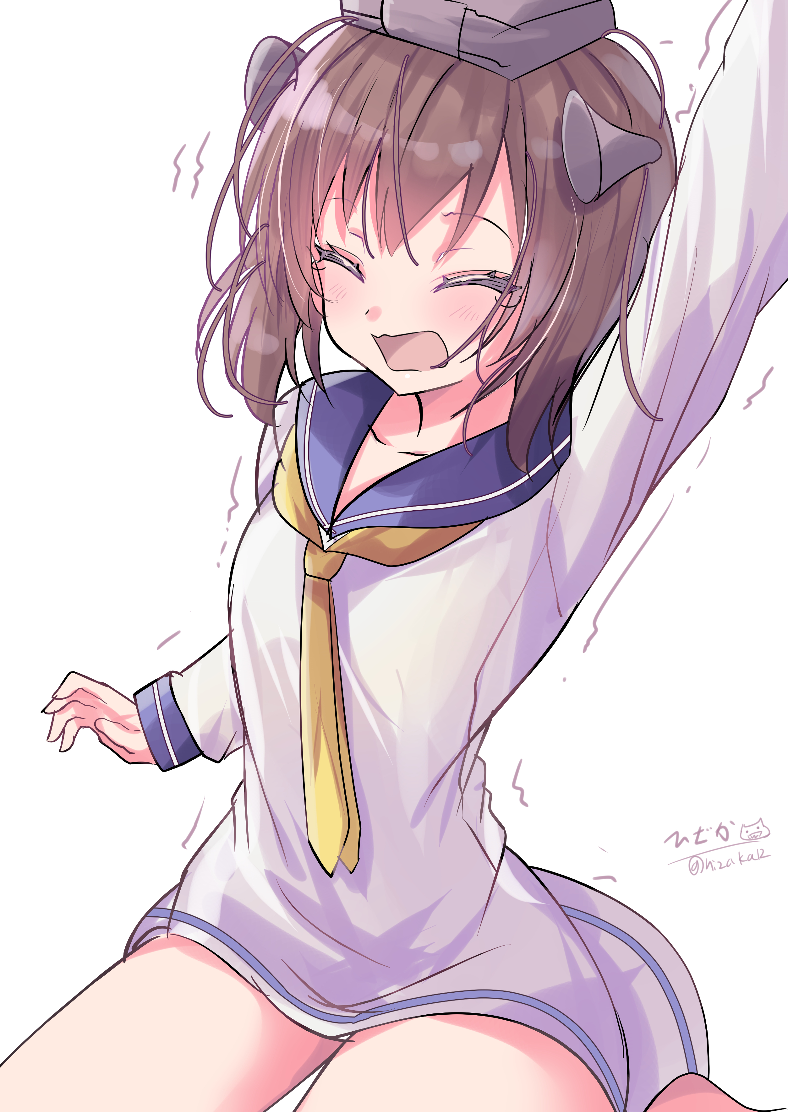 hizaka, yukikaze (kancolle), kantai collection, absurdres, highres, 1girl, blush, brown hair, closed eyes, dress, hair ornament, headgear, long shirt, long sleeves, neckerchief, open mouth, radar hair ornament, sailor dress, school uniform, short hair, sitting, smile, solo, wariza, yellow neckerchief