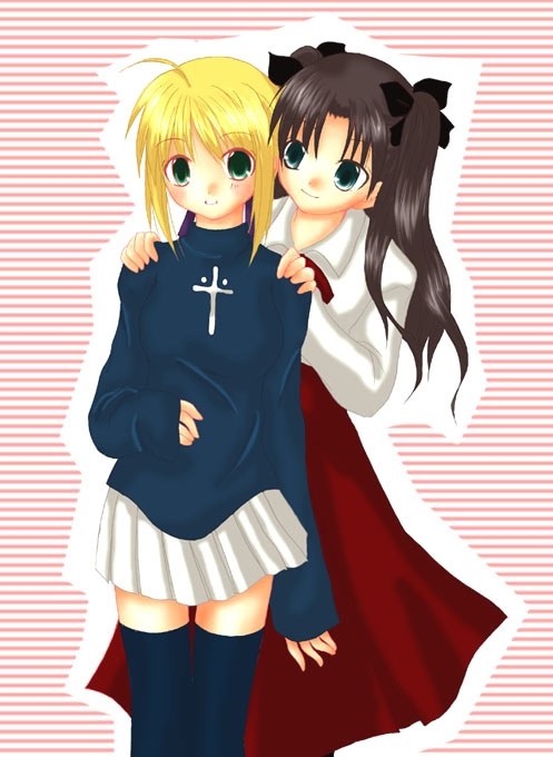 artoria pendragon (fate), saber (fate), tohsaka rin, fate/stay night, fate (series), non-web source, 2girls, cosplay, costume switch, multiple girls, thighhighs, zettai ryouiki