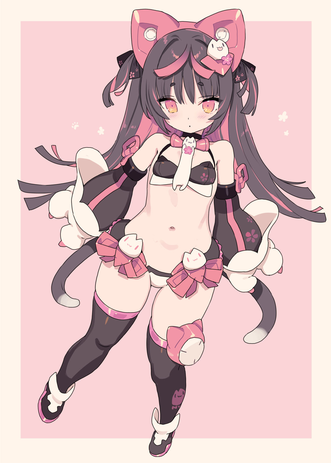 blade (galaxist), original, highres, 1girl, animal ears, black hair, black thighhighs, cat ears, cat tail, detached sleeves, long hair, multicolored hair, multiple tails, navel, pink background, short eyebrows, solo, tail, thighhighs, two tails