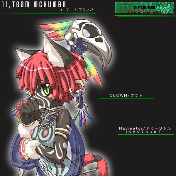 nacha leavy muses, cannonball ~neko neko machine mou-race!~, blade, 1girl, animal ears, bodypaint, cat ears, curly hair, dark-skinned female, dark skin, female focus, furry, furry female, green eyes, red hair, short hair, solo, staff, tail, tribal