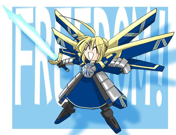 kieyza, artoria pendragon (fate), freedom gundam, saber (fate), fate/stay night, fate (series), gundam, gundam seed, non-web source, :d, ahoge, armor, blonde hair, crossover, energy sword, mecha musume, open mouth, parody, smile, solo, sword, weapon, wings