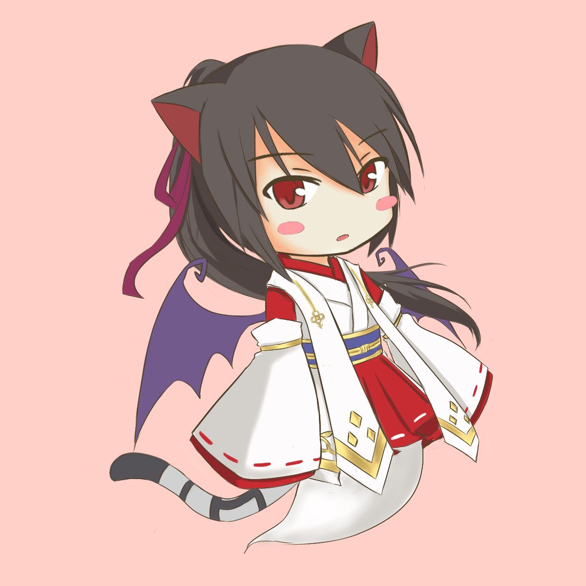 yukuri, nekomata kuro, emil chronicle online, highres, 1girl, alternate costume, animal ears, bat wings, blush stickers, bow, cat ears, cat girl, cat tail, ghost girl, ghost tail, hair bow, japanese clothes, long hair, miko, open mouth, pink background, ponytail, red bow, red eyes, solo, tail, wings