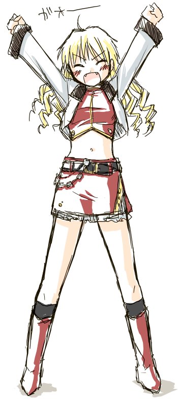 mozu (piyo), gilgamesh-ko, gilgamesh (fate), fate/stay night, fate (series), gender request, non-web source, 00s, 1girl, blonde hair, boots, closed eyes, female focus, full body, genderswap, midriff, miniskirt, official alternate costume, skirt, solo, stretching